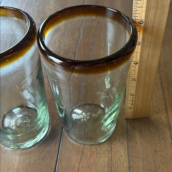 Pair (2) Amber Rim Mexican Hand Blown Recycled Glass 20 ounce Iced Tea Glasses - Picture 6 of 7